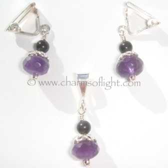 Amethyst & Obsidian Pendant and Earrings Set